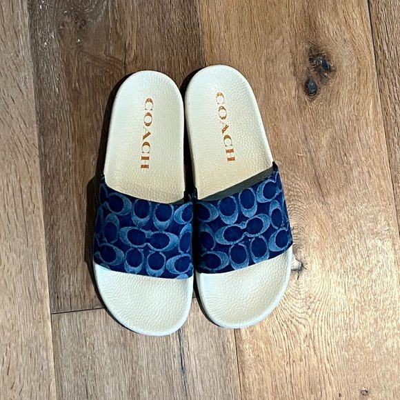 NEW Coach Udele Signature Monogram Denim Pool Slides in Denim/Chalk 10 - Picture 7 of 11